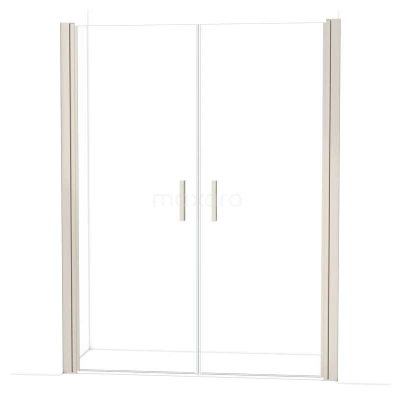 Shower door with double-sided glass panels, aluminium profiles and minimalist design for a modern bathroom.