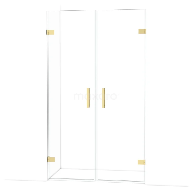 Glass shower door with gold-coloured hinges and handles, modern design, ideal for stylish bathroom decoration.