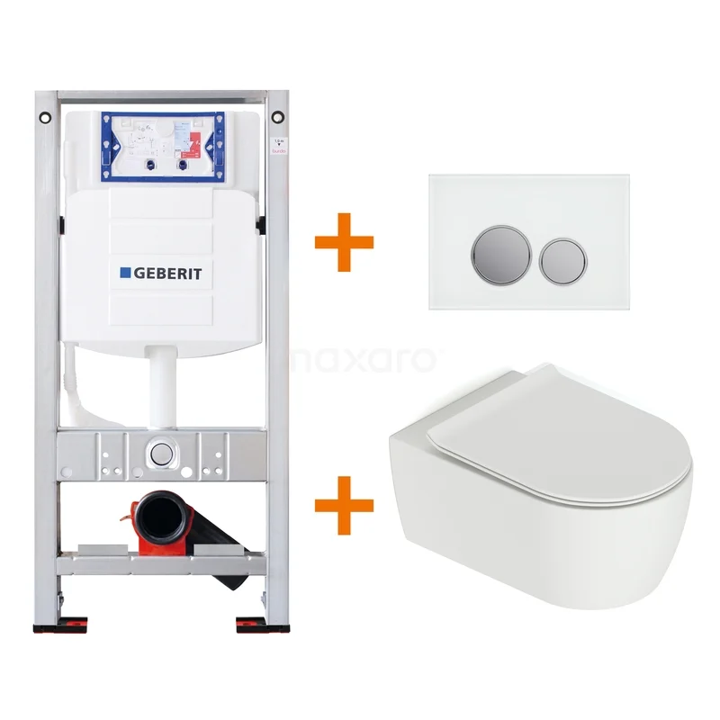 WC-Set Matt Weiß mit Rand + Geberit UP320 Unterputzspülkasten mit Schalldämmung TOI010 In-WC-Set mit weißem keramischem Wand-WC, Ronda Druckplatte und solidem Stahlrahmen, ideal für moderne Bäder.