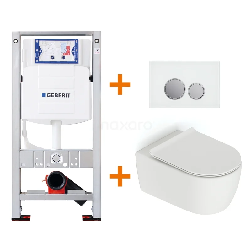 Geberit Toilet set complete with concealed cistern, wall-mounted toilet and control plate, sleek design for modern bathrooms.