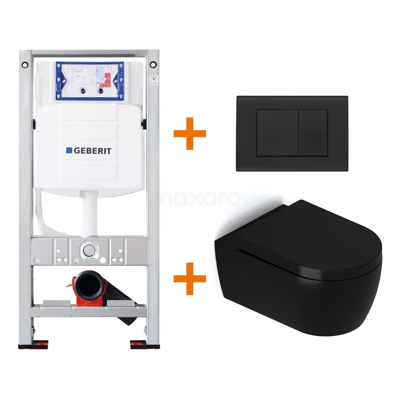 Toiletset Mat zwart met Spoelrand + Geberit UP320 inbouwreservoir met geluidsisolatie TOI201