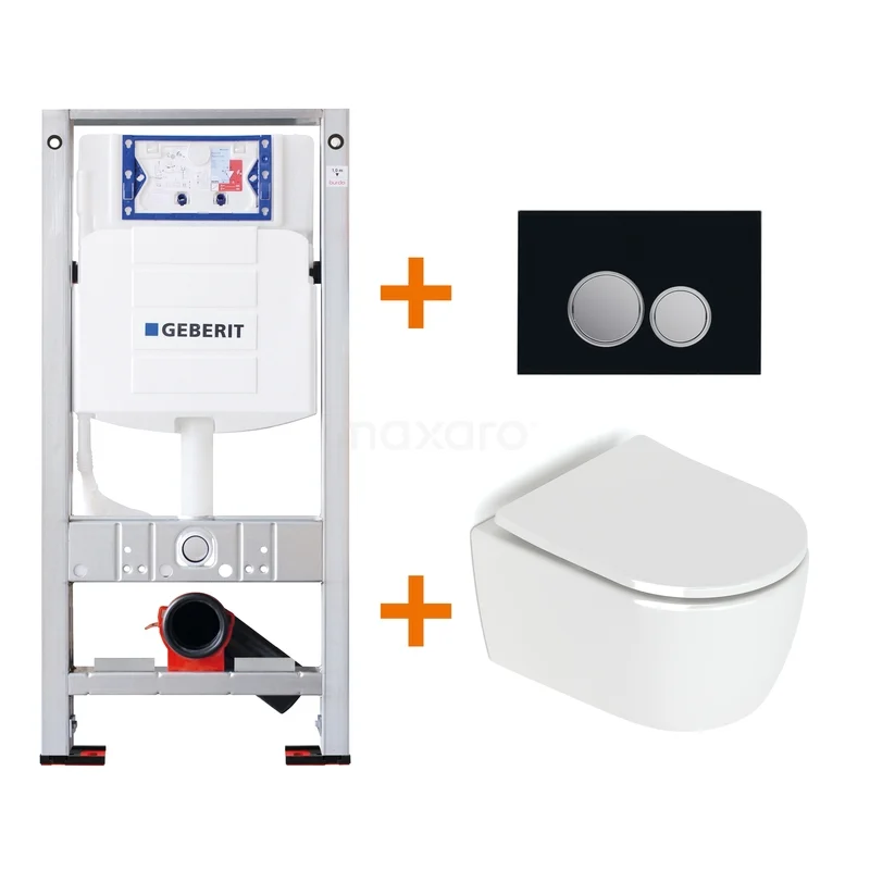 Inbouwreservoir met zwart bedieningspaneel en wit hangtoilet, compleet set voor moderne badkamerinstallatie.