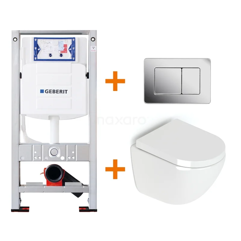Wandclosetset: wit keramisch toilet, inbouwreservoir en chroom spoelplaat. Ideaal voor een moderne badkamer.