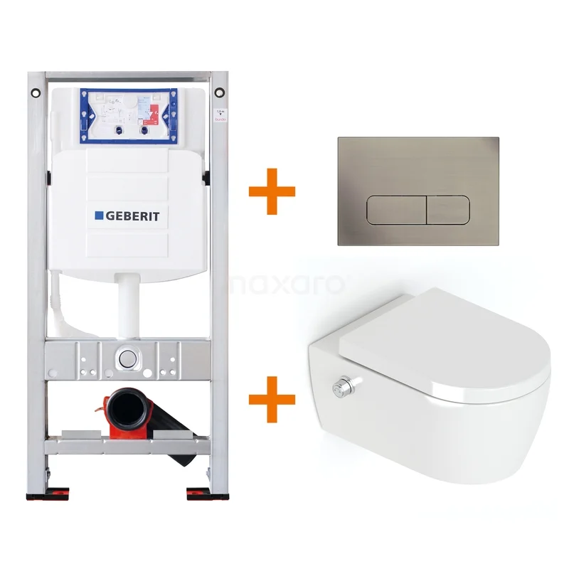 Inbouwreservoir Grohe set met wit wandcloset en rvs bedieningsplaat, perfecte keuze voor een moderne en strakke badkamer.