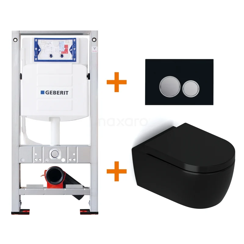 Toilet set Matte black with Easy clean + Geberit UP320 concealed cistern TOI448 Black wall-hung toilet with concealed cistern and flush plate, ideal for a modern and sleek bathroom design.