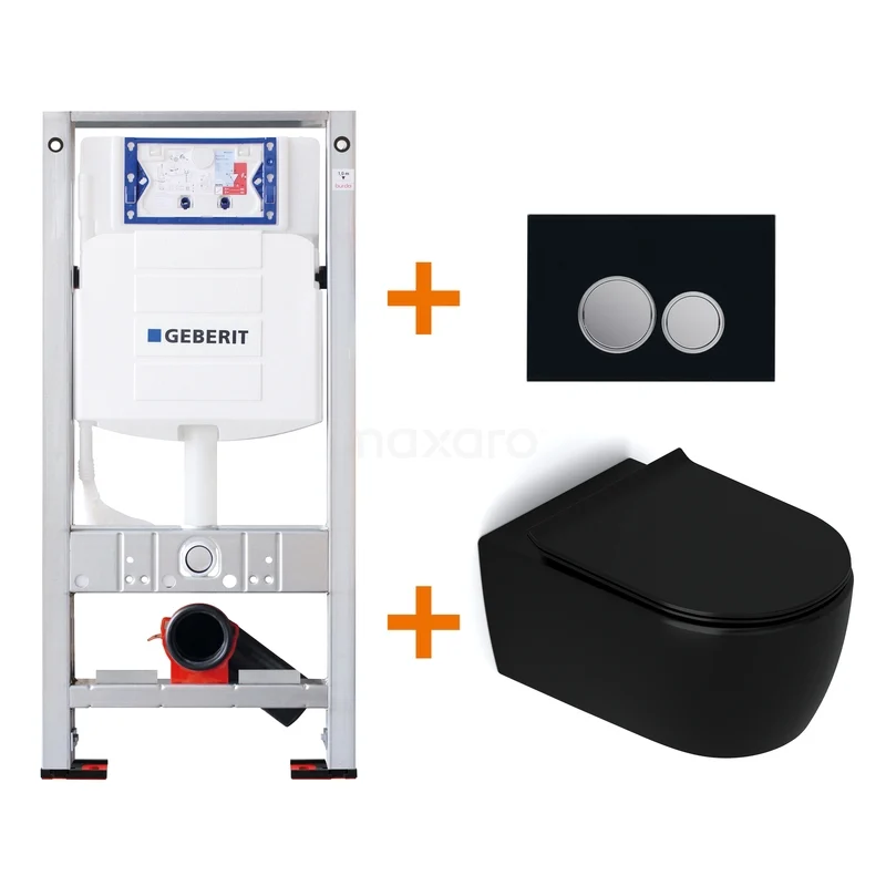 Toilet set Matte black with Easy clean + Geberit UP320 concealed cistern TOI449 Black wall closet with concealed cistern and black flush plate, ideal for a modern bathroom style.