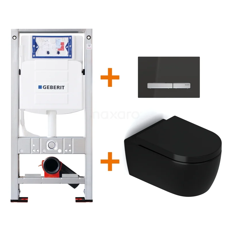 WC-Set Matt Schwarz ohne Rand + Geberit UP320 Unterputzspülkasten mit Schalldämmung TOI454 Schwarze hängende WC, Geberit Unterputzspülkasten und Bedienfeld. Stilvolles Sanitärpaket für ein modernes Badezimmer.