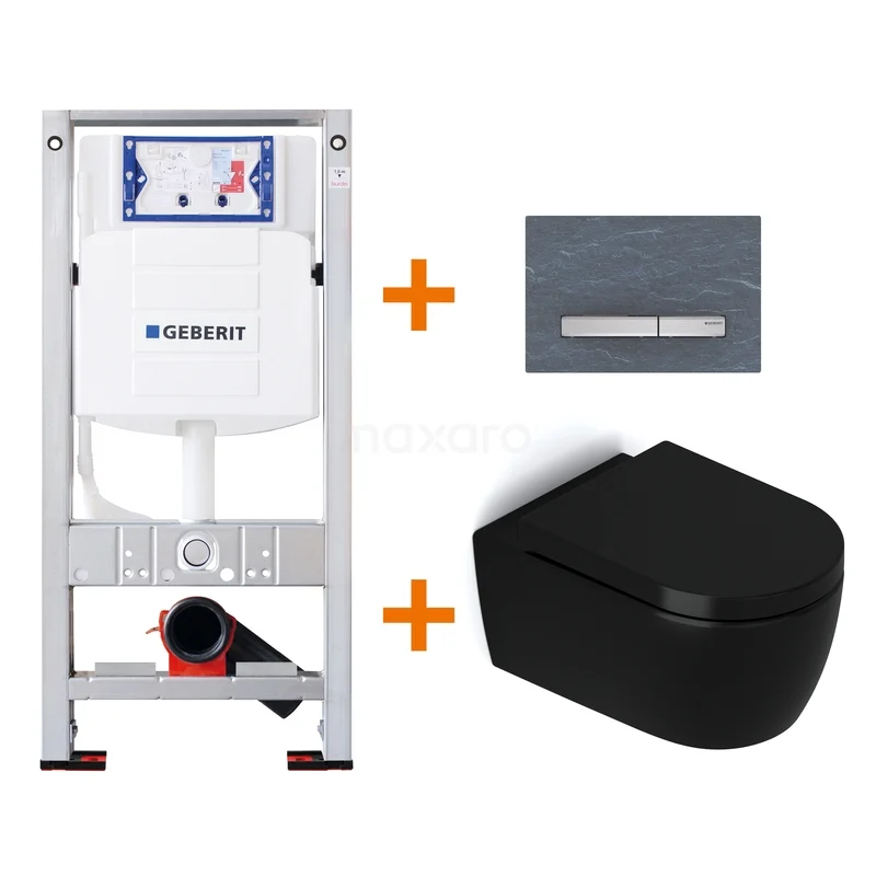 WC-Set Matt Schwarz ohne Rand + Geberit UP320 Unterputzspülkasten mit Schalldämmung TOI456 Schwarz Wand-WC mit Geberit Unterputzspülkasten und stilvoller Bedienungsplatte, ideal für ein modernes Badezimmer.
