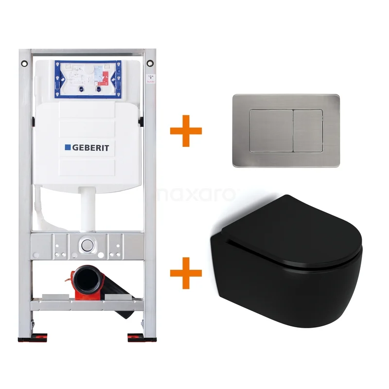 Zwarte hangende toiletset met RVS bedieningspaneel en inbouwreservoir, perfect voor moderne badkamerrenovaties.