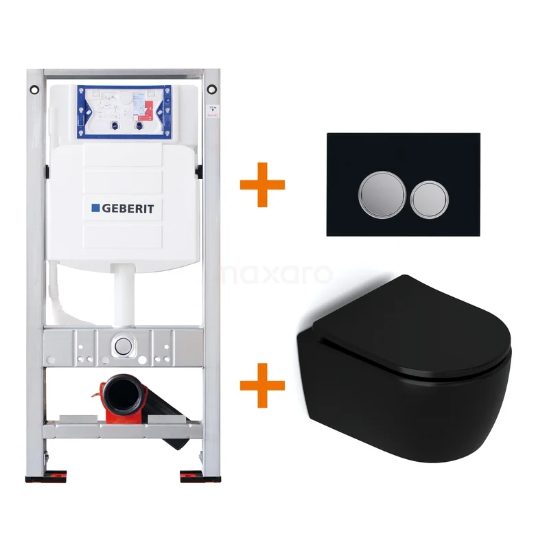 Black wall hung toilet with concealed cistern and flush plate, modern design. Perfect for a stylish bathroom upgrade.