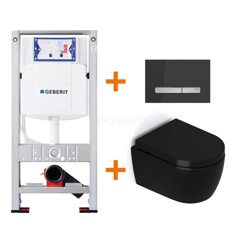 WC-Set Matt Schwarz ohne Rand + Geberit UP320 Unterputzspülkasten mit Schalldämmung TOI495 Schwarzes Wand-WC mit Softclose, einschließlich WC-Rahmen und schwarzer Betätigungsplatte, elegantes Design für ein modernes Badezimmer.