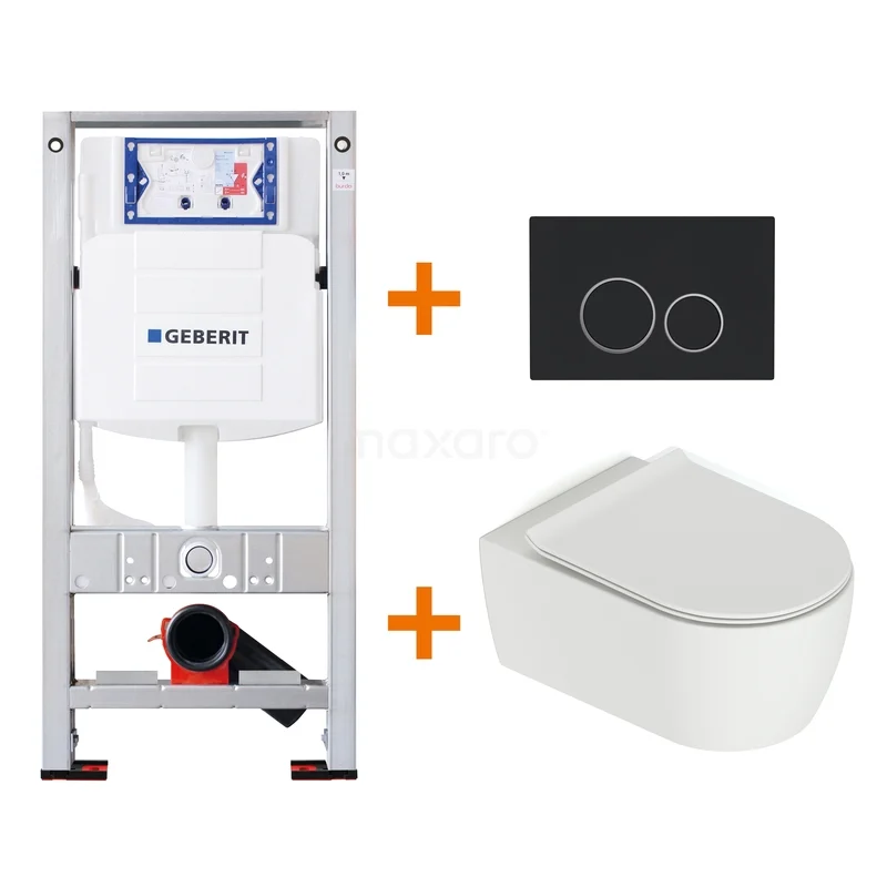 Toiletset Mat wit met Spoelrand + Geberit UP320 inbouwreservoir met geluidsisolatie TOI512 Complete toiletset met wit wandcloset, zwart bedieningspaneel en inbouwreservoir, ideaal voor een moderne badkamer.