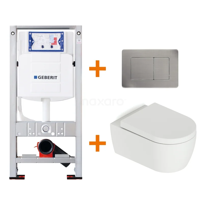 Toilet set Matte white with rim + Geberit UP320 concealed cistern TOI527 Built-in white toilet set with wall-hung toilet, Stainless steel control plate and frame; space-saving design for modern bathrooms.