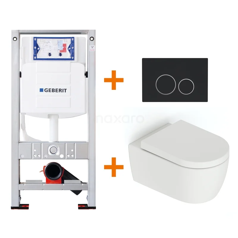 Toilet set Matte white with Easy clean + Geberit UP320 concealed cistern TOI591 White wall-hung toilet with black flush plate, including concealed cistern; sleek design, ideal for modern bathrooms.