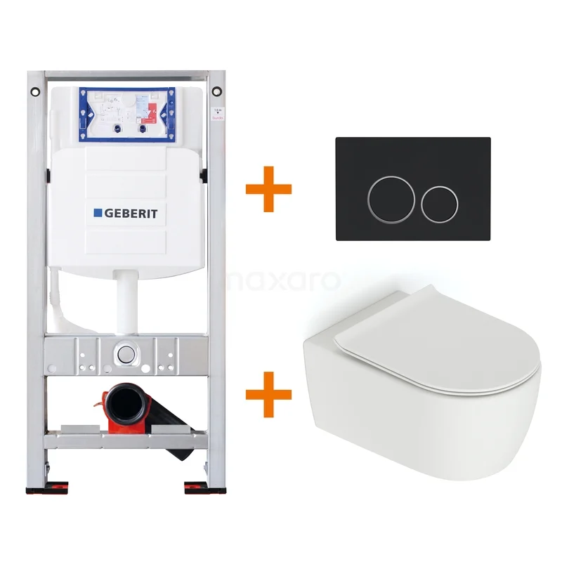 Toilet set Matte white with Easy clean + Geberit UP320 concealed cistern TOI592 Recessed Toilet set with white ceramic wall closet, black flush plate and solid installation frame for modern bathrooms.