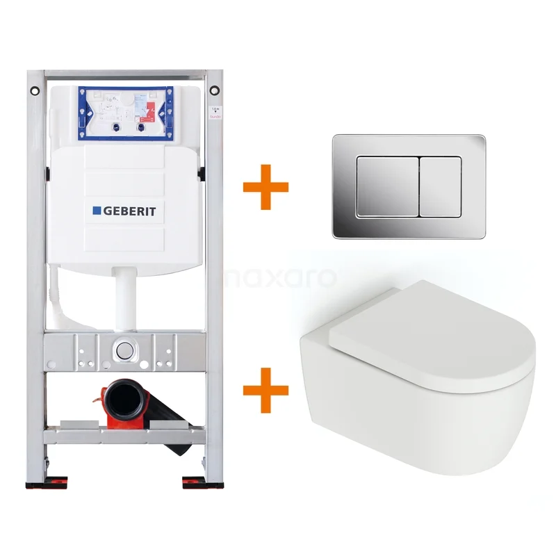 Toiletset Mat wit zonder Spoelrand + Geberit UP320 inbouwreservoir met geluidsisolatie TOI605 Wit hangtoilet met wc-frame, binnenwerk, en RVS drukplaat; ideaal voor moderne badkamerinstallaties.
