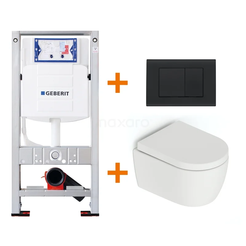 WC-Set Matt Weiß ohne Rand + Geberit UP320 Unterputzspülkasten mit Schalldämmung TOI627 Inbouw WC-Set mit weißem Wandcloset, schwarzem Bedienfeld und stabilem Rahmen, ideal für ein modernes Badezimmer.