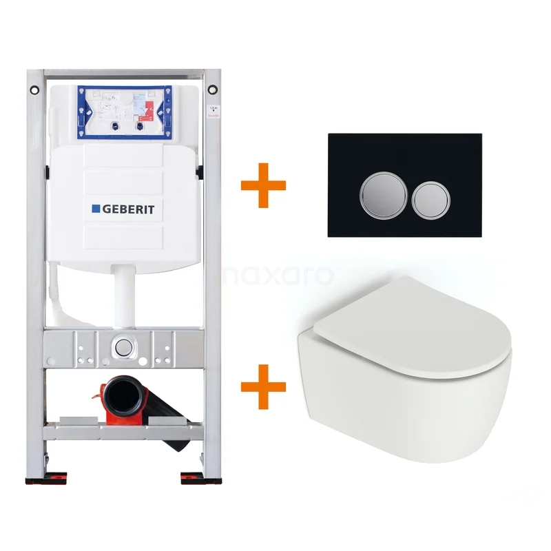 Built-in toilet pack: white wall hung toilet with softclose, black control panel, Stainless steel frame - complete for modern bathroom installation.