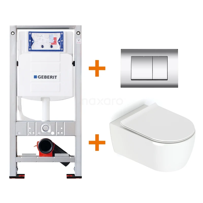 Recessed toilet set white, including soft-close wall hung toilet, Stainless steel push plate and compact frame; ideal for a modern bathroom.