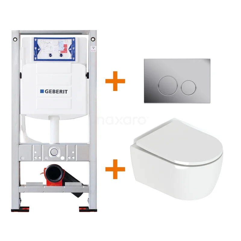 Wit hangtoilet met inbouwreservoir en RVS bedieningsplaat, ruimtebesparend badkamerdesign, geschikt voor modern sanitair.