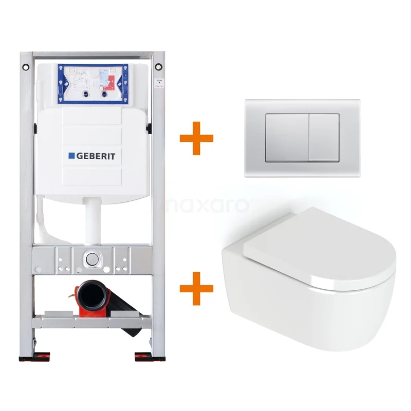 WC-Set Hochglanz Weiß ohne Rand + Geberit UP320 Unterputzspülkasten mit Schalldämmung TOI124 Inbouw WC-Set mit weißem Wandcloset, Edelstahl Druckpanel und Rahmen, ideal für moderne Badezimmerinstallationen.