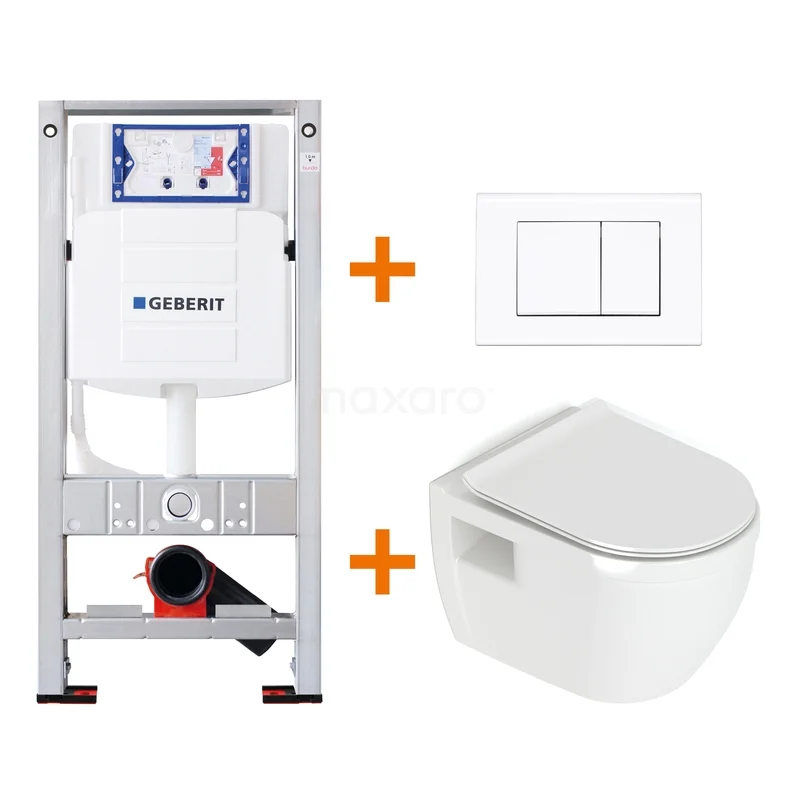 WC-Set Hochglanz Weiß ohne Rand + Geberit UP320 Unterputzspülkasten mit Schalldämmung TOI230 Weißes Wand-WC mit passendem Unterputzspülkasten und Bedienfeld; ideal für ein modernes Badezimmer.