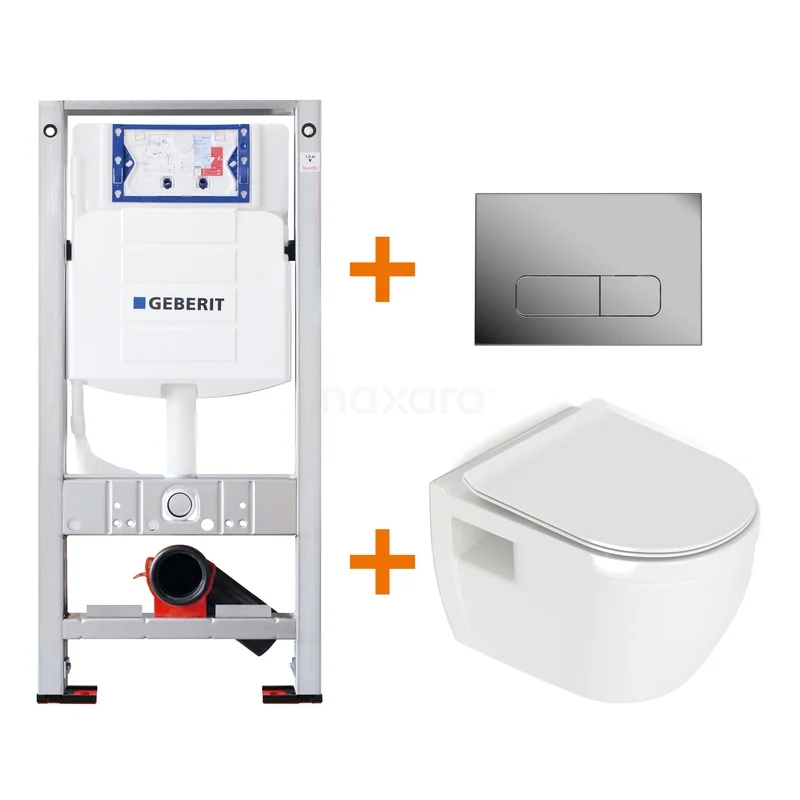 Inbouwreservoir met wit, hangend toilet en drukplaat, ideaal voor een moderne badkamerinstallatie.
