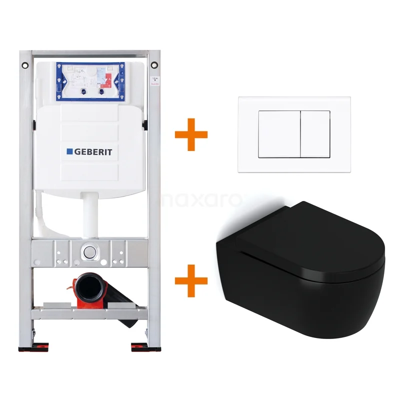 WC-Set Matt Schwarz mit Rand + Geberit UP320 Unterputzspülkasten mit Schalldämmung TOI340 Schwarz Wand-WC mit Geberit Unterputzspülkasten, Druckplatte und Installationsrahmen; modernes Design für ein stilvolles Badezimmer.