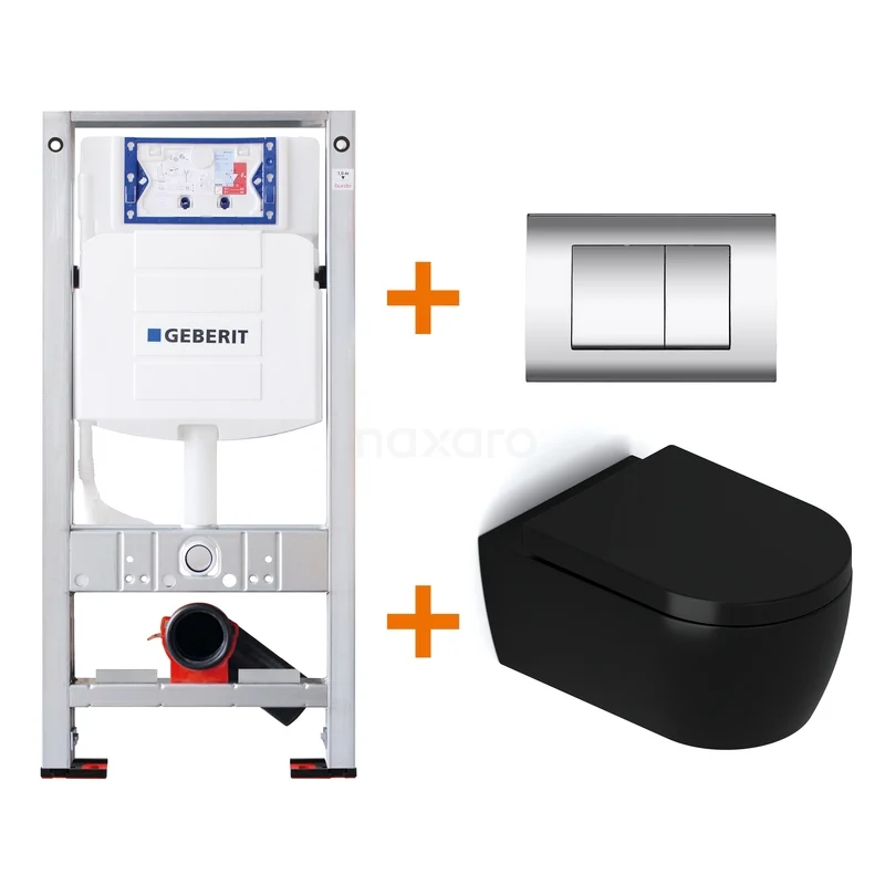 Zwart hangtoilet met inbouwreservoir en bedieningsplaat, ideaal voor een moderne badkamer.
