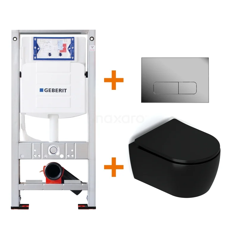 Recessed cistern set with Black wall-hung toilet, modern design, including control plate, ideal for a stylish bathroom upgrade.