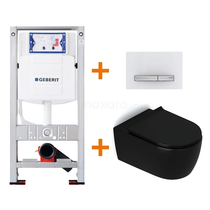 WC-Set Matt Schwarz ohne Rand + Geberit UP320 Unterputzspülkasten mit Schalldämmung TOI453 Schwarz Wand-WC mit modernem Design, einschließlich weißem Bedienfeld und Unterputzspülkasten. Perfekt für moderne Bäder.