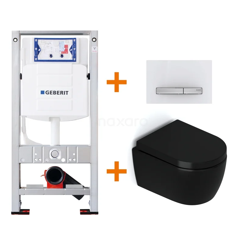 WC-Set Matt Schwarz ohne Rand + Geberit UP320 Unterputzspülkasten mit Schalldämmung TOI493 Schwarz Wand-WC mit Unterputzspülkasten und Bedienungsplatte, elegantes Design ideal für ein modernes Badezimmer.