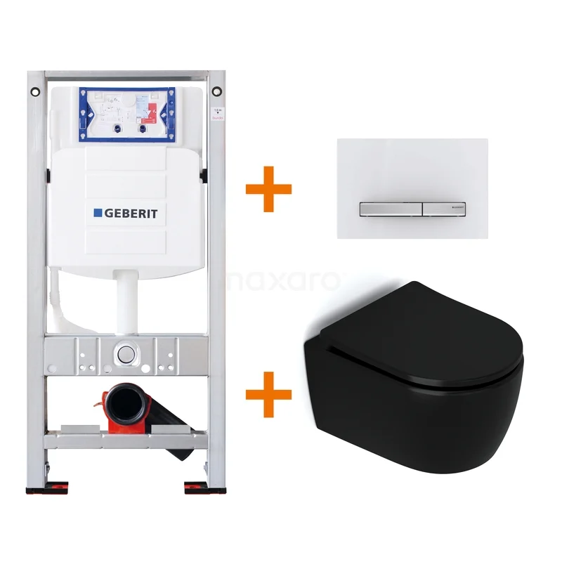 WC-Set Matt Schwarz ohne Rand + Geberit UP320 Unterputzspülkasten mit Schalldämmung TOI494 Schwarzes Wand-WC aus Keramik mit passendem Unterputzspülkasten und Bedienfeld, ideal für einen modernen Badezimmerstil.