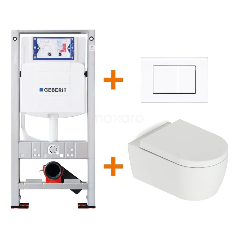 Toilet set Matte white with rim + Geberit UP320 concealed cistern TOI501 Recessed Toilet set with white wall-hung toilet, Gerberit mounting system and flush plate, ideal for a modern bathroom update.