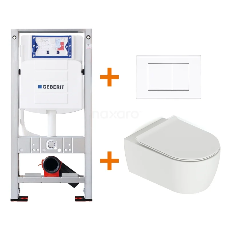 Toilet set Matte white with rim + Geberit UP320 concealed cistern TOI502 White wall-hung toilet with mounting system and control plate; ideal for a modern bathroom.