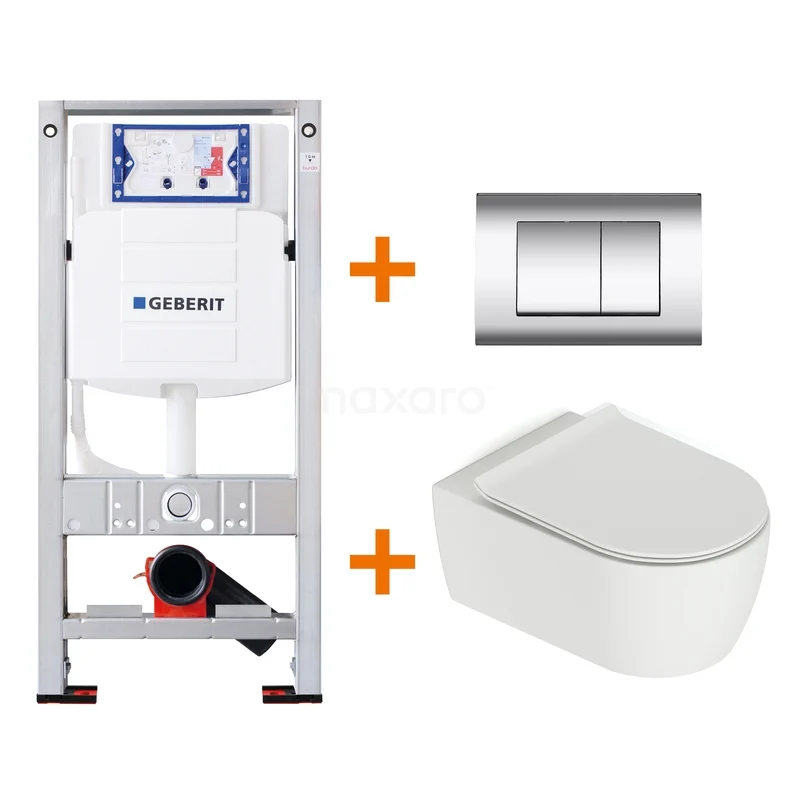 Toiletset Mat wit met Spoelrand + Geberit UP320 inbouwreservoir met geluidsisolatie TOI514 Inbouwreservoirset Grohe Rapid SL, wit hangtoilet, RVS bedieningspaneel; complete toiletoplossing voor badkamercomfort.