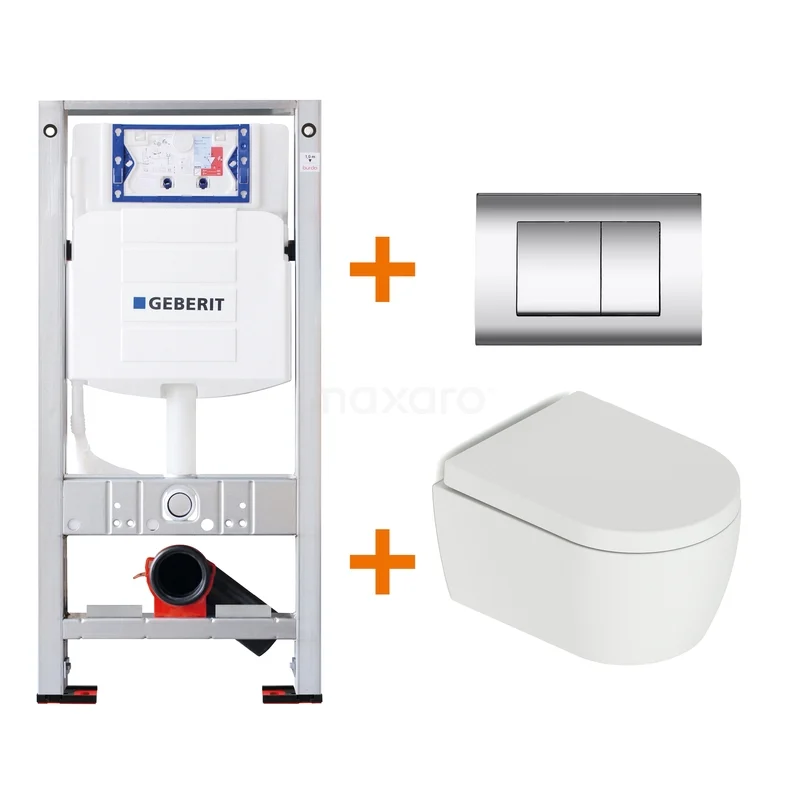 Toilet set Matte white Shortened with rim + Geberit UP320 concealed cistern TOI553 Complete bathroom suite with white wall closet, concealed cistern and rectangular stainless steel flush plate, ideal for modern bathrooms.