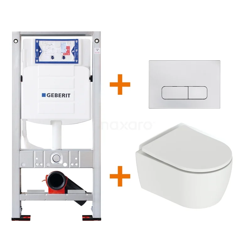Toiletset Mat wit met Spoelrand + Geberit UP320 inbouwreservoir met geluidsisolatie TOI562 Inbouwreservoirset met witte hangtoilet en bedieningspaneel, modern design voor een strakke en functionele badkamer uitstraling.