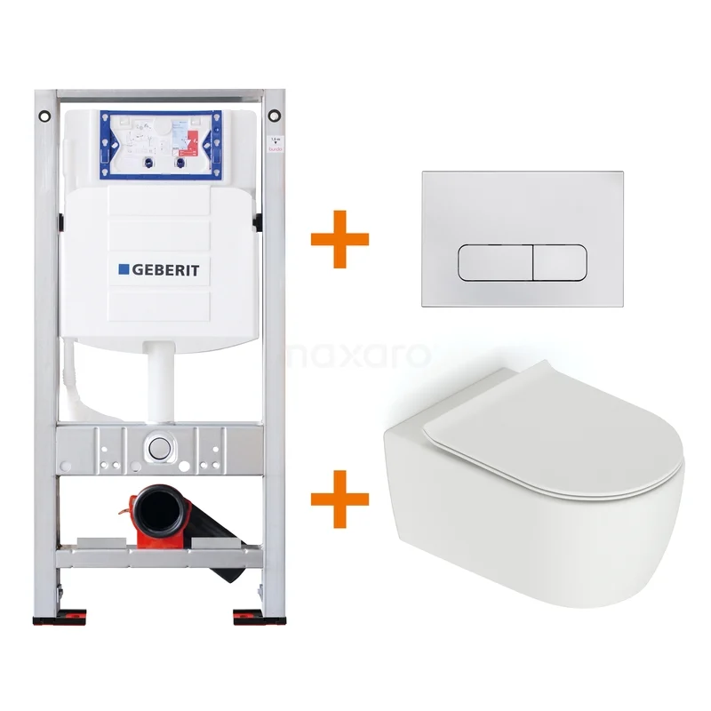 Built-in toilet set with white wall hung toilet, control plate and sturdy frame, ideal for a sleek and modern bathroom.