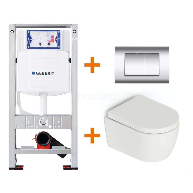 Toiletset Mat wit zonder Spoelrand + Geberit UP320 inbouwreservoir met geluidsisolatie TOI633 Inbouwreservoir met RVS drukplaat en wit wandcloset, ideaal voor een moderne badkamer, compact en waterbesparend design.