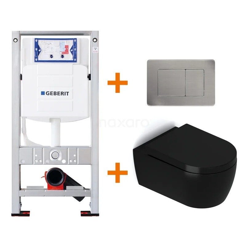 Toilet set Matte black with rim + Geberit UP320 concealed cistern TOI364 Black wall-hung toilet with concealed cistern and stainless steel control plate, perfect for a stylish modern bathroom.