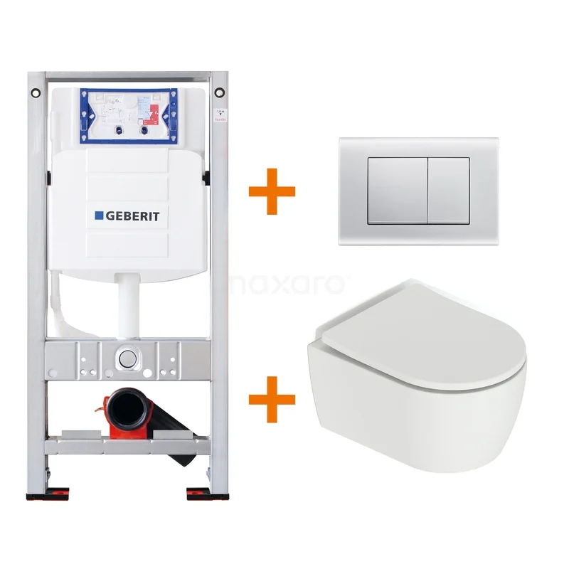 Toiletset Mat wit met Spoelrand + Geberit UP320 inbouwreservoir met geluidsisolatie TOI560 Inbouw WC-set met wit keramisch hangtoilet, frame en dubbel spoelmechanisme; ideaal voor een moderne badkamer.