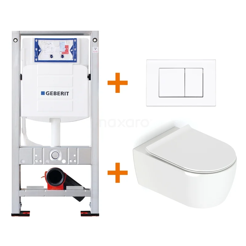 Built-in toilet set with white wall hung toilet, sturdy frame and double push plate, ideal for a modern bathroom style.