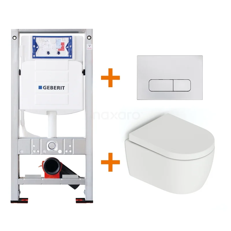 Toilet set Matte white Shortened with Easy clean + Geberit UP320 concealed cistern TOI641 Built-in Toilet set with white wall-hung toilet, control plate and durable frame; ideal for a modern, space-saving bathroom.