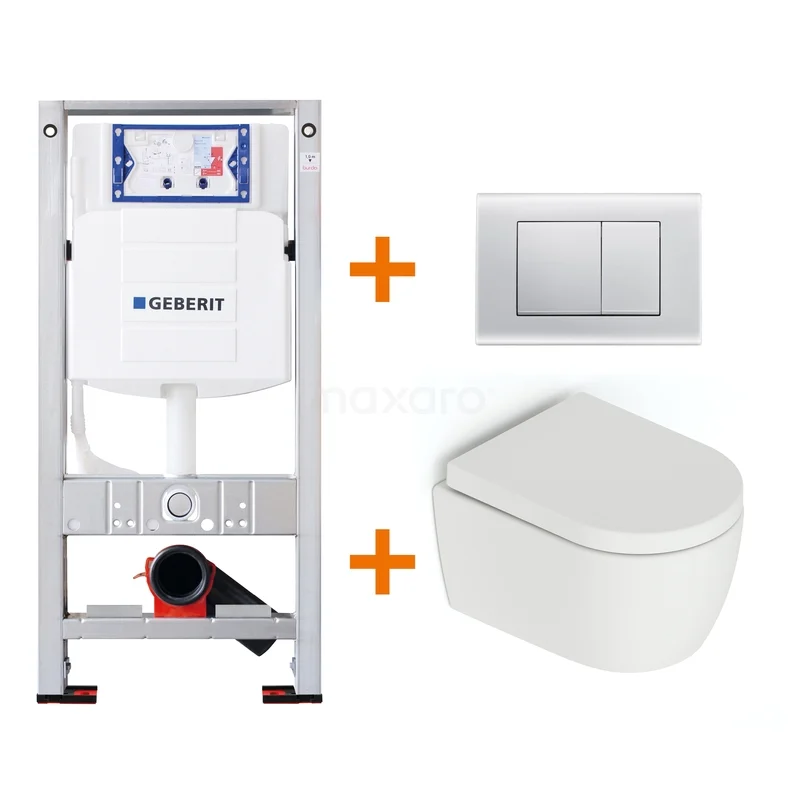 Toilet set Matte white Shortened with Easy clean + Geberit UP320 concealed cistern TOI639 Wall mounted toilet set with concealed cistern, white ceramic toilet, modern design, pressure panel and frame, ideal for a sleek bathroom.