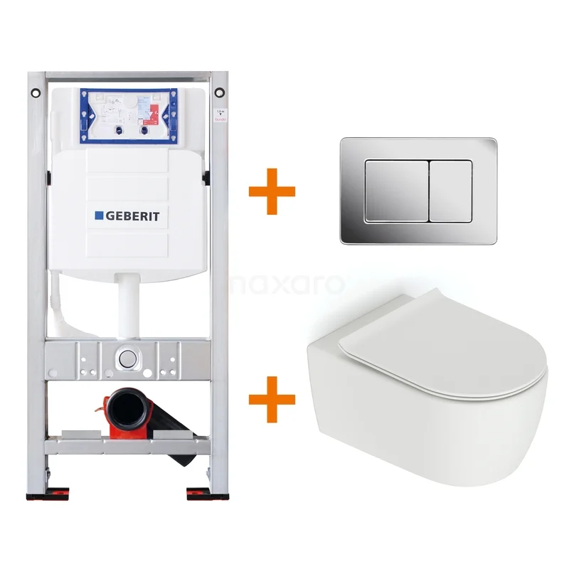 Toiletset Mat wit zonder Spoelrand + Geberit UP320 inbouwreservoir met geluidsisolatie TOI606 Inbouw WC-set met wit hangtoilet, RVS bedieningspaneel en duurzaam frame voor een moderne badkamer-installatie.
