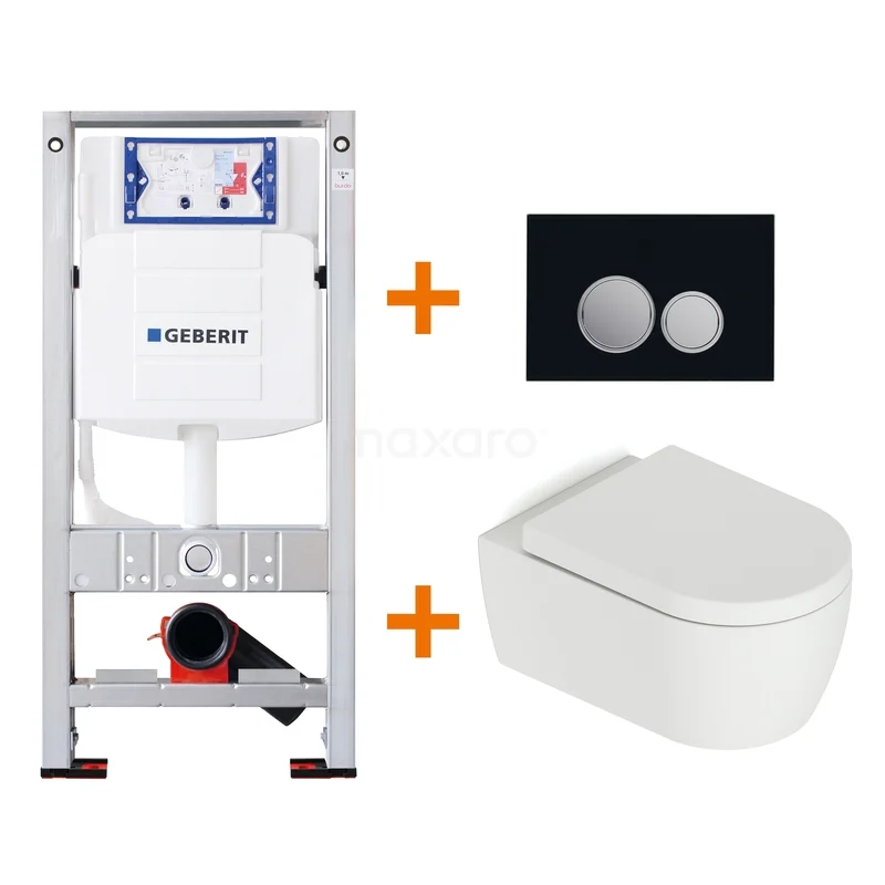 Toilet set Matte white with rim + Geberit UP320 concealed cistern TOI529 Concealed cistern set with white wall hung toilet and black flush plate, ideal for a modern bathroom.