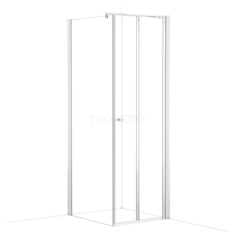 Witte hoekdouchecabine met schuifdeur, minimalistisch design, ideaal voor moderne badkamers, gemaakt van stevig glas en aluminium.