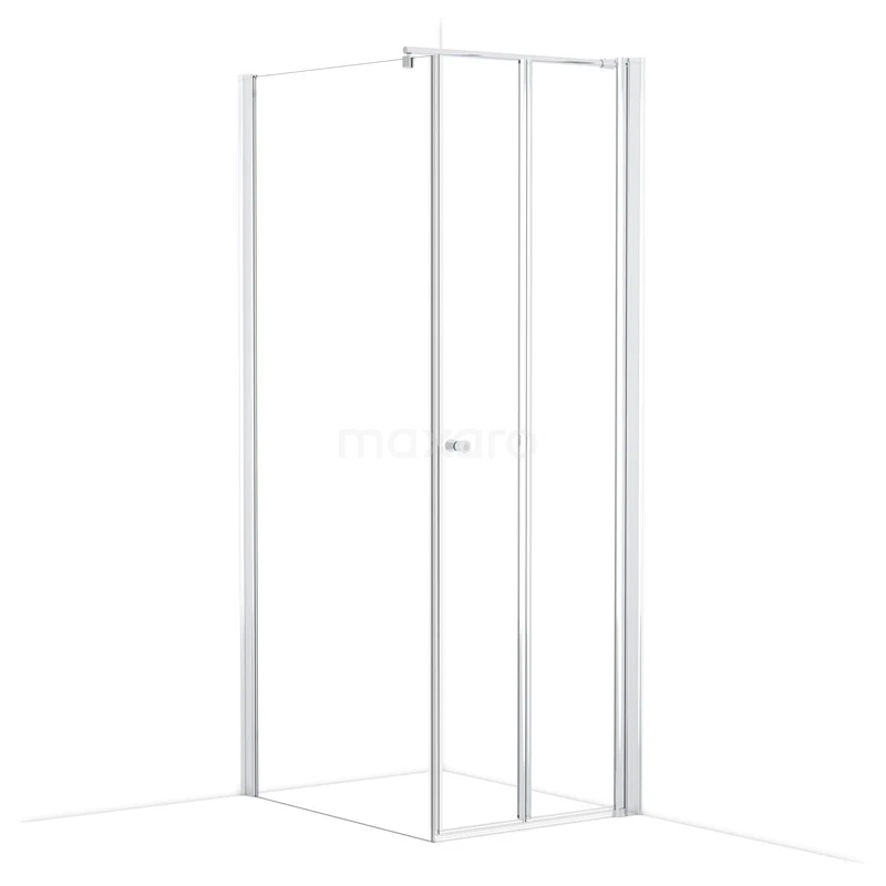 Glazen douchecabine met wit aluminium frame, hoekvormig ontwerp, ideaal voor een moderne badkamer.