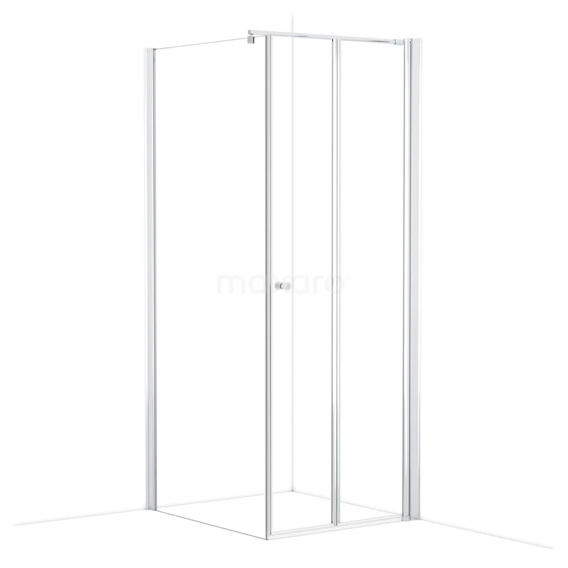 Witte hoekdouchecabine met helder glas en aluminium profielen, ideaal voor een moderne badkamer inrichting.